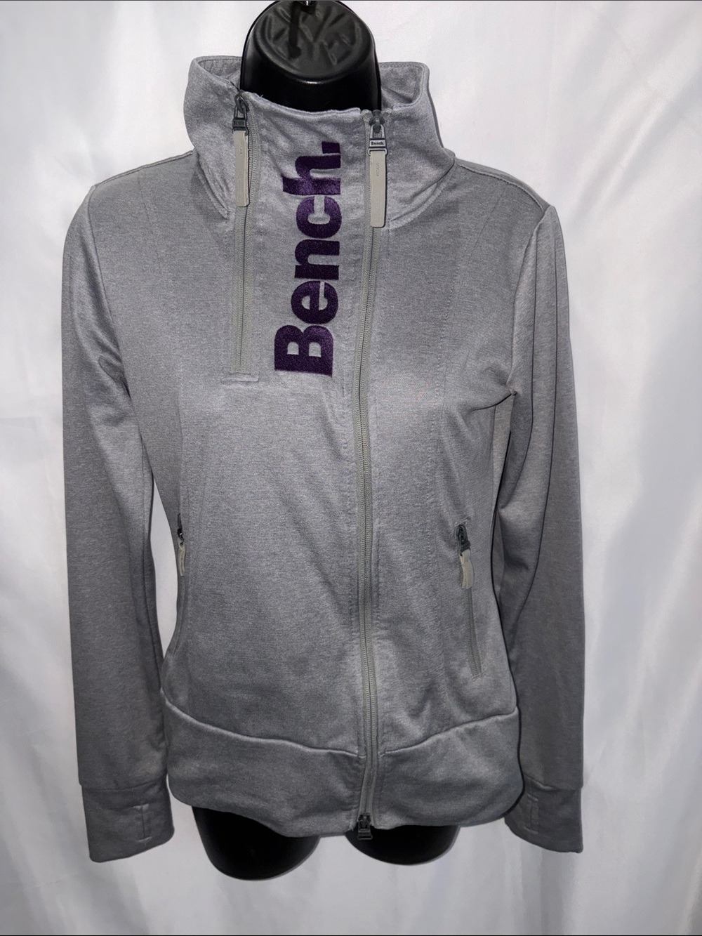Bench Zip-up - Gray, Size S, 17” PTP, 22” L, purple trim